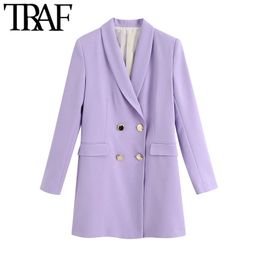 TRAF Women Fashion Office Wear Double Breasted Blazer Coat Vintage Long Sleeve Flap Pockets Female Outerwear Chic Tops 210415
