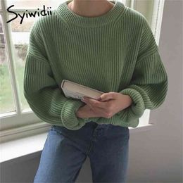 Syiwidii Autumn Winter Woman Sweaters Green Vintage Pullovers Long Sleeve O-Neck Knitted Harajuku Oversized Pink Jumpers 210914