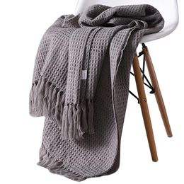 Blankets 9Cotton Solid Knitted Waffle Plaid Blanket With Tassel Nordic Modern Soft For Bed Chair Sofa Couch Home Nap Grey