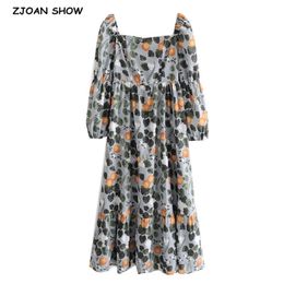 Spring Retro Leaves Floral Print Women Midi Dress Woman Vintage French Square Collar Chiffon Long sleeve Dresses Holiday 210429