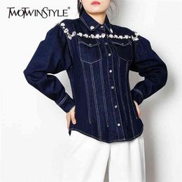 Casual Patchwork Diamond Jacket For Women Lapel Long Sleeve Denim Female Fashion Clothing Spring Style 210524