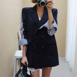 spring autumn Suit Turn-down Collar Long Sleeve Double Breasted Splicing Blazer Women Casual Coat FB700 210427