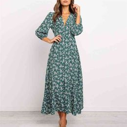 vintage floral print maxi long dress women autumn winter green casual loose v neck black button 210427