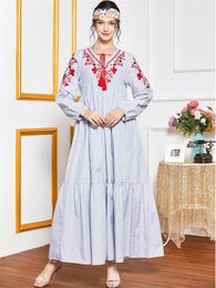 ethnic embroidery dress Canada - Casual Dresses Turkey Muslim Striped Maxi Dress Women Floral Embroidery Ethnic V Neck Long Sleeve Arabic Islamic Clothes Abaya Gown Autumn 2