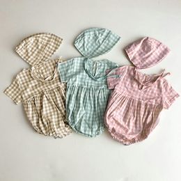 Newborn Toddler Baby Girl Cotton Loose Short Sleeve Bodysuit Summer New Infant Girls Plaid Printed Soft Bodysuits 210413
