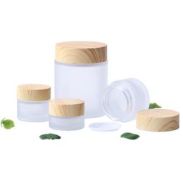 Frosted Glass Jar Skin Care Eye Cream Jars Empty Refillable Bottle Cosmetic Container Pot with Plastic Wood Grain Lids