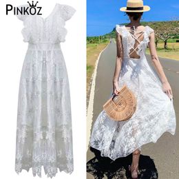 fashion white maxi dress lace embroidery V-neck elegant party hollow out backless spaghetti Long dresses vestidos 210421