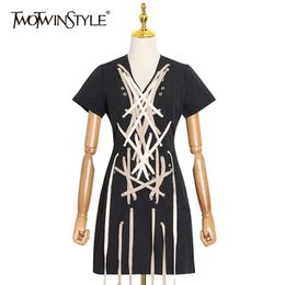 Drawstring Cross Bandage Dress For Women V Neck Short Sleeve High Waist Mini Dresses Female Summer Fashion 210520