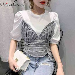 Summer Korean Style Cotton T-Shirt Girl Sexy O-Neck Patchwork Plaid Lace Up Women Tops Short Sleeve All Match Tees T12815A 210421