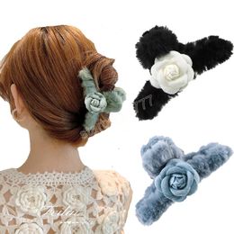 Women Plush Elegant Hair Claw Solid Color Flower Hair Clips Headband Hairpin Fashion Hair Accessories Winter