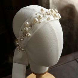 Headpieces NZUK Bridal Hair Jewelry Pearls Satin Headbands Tiaras For Bride Women Headdress Party Wedding Accessories