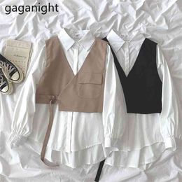 Women Long Sleeve Single-breast Loose White Shirt+Korean V Neck Black Short Vest Sets Elegant 2 Pcs Woman Outfits 210601