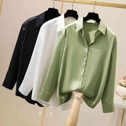 Long-sleeved Blouse shirt Women Spring Autumn style vintage Black White Solid Colour Casual Tops 68 E 210420