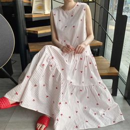 Dresses Gentle Sweet Back Lace Up O Neck Sleeveless Pink Striped Dress Women Floral Embroidery Loose Big Swing Vestido Feminino 210610