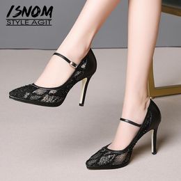 Mesh High Heels Pumps Women Pointed Toe Footwear Cow Leather Party Shoes Female Mary Jane Woman Spring 2021 Dress