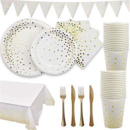 Disposable Dinnerware Party Tableware White Gold Dot Paper Plate Wedding Decoration Set Tablecloth Napkin Birthdays Supplies Fork