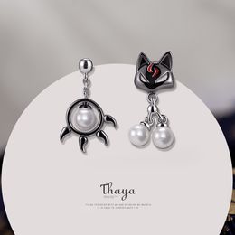 Thaya 925 Sterling Cute Black Cat & Paw Stud Earring Japanese Style For Women Silver Ear Fashion Fine Jewelry