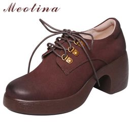 Meotina Women Pumps High Heels Natural Genuine Leather Chunky High Heels Shoes Real Leather Lace Up Shoes Female Autumn Size 40 210608