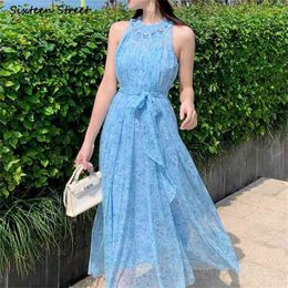 Summer Beach Dresses for Women Runway Design Sleeveless Loose Long Bodycon O-neck Blue Printed Chiffon Party Woman 210603