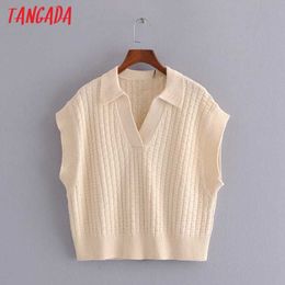 Tangada Women Fashion Oversized Beige Knitted Vest Sweater Sleeveless Female Waistcoat Chic Tops 3H180 210609