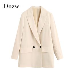 Elegant Double Breasted Blazer Women Long Sleeve Office Wear Blazers Coat Solid Colour Notched Collar Loose Jacket 210515