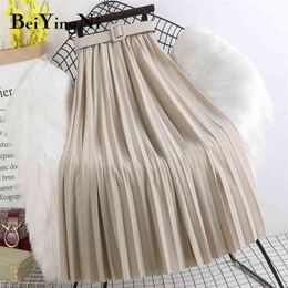 Beiyingni High Waist Skirts Womens Belt Fashion Metallic Party Midi Pleated Long Skirt Black Pink Casual Korean Falda Mujer Saia 210416