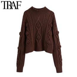 TRAF Women Fashion With Flowers Cropped Cable-knit Sweater Vintage High Neck Long Sleeve Female Pullovers Chic Tops 210415