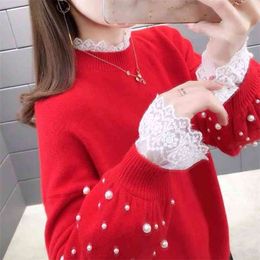 Lace Diamond Knitted Sweater Women Round Neck Fake Two Loose Pullover Stitching Sweaters Female Autumn Winter Floral Girl 210427