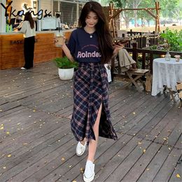 Harajuku Summer Side Split Women Midi Skirt High Waist Plaid Female Saias Korean Lace-Up Ulzzang Streetwear Elegant Long Skirts 210619