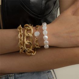 Thick Chain Imitation Pearl Bracelets Punk Hip Hop Geometric Aluminum Bracelet Multi Pieces Combination Gold Hand Jewelry