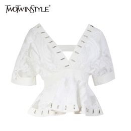 TWOTWINSTYLE White Sexy Blouse For Women V Neck Short Sleeve Perspective Rivet Tunic Female Shirt Fashion Clothing Style 210517