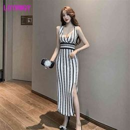 Women's sexy backless split dress slim hip bag Office Lady Striped Sleeveless Zippers Regular 210416