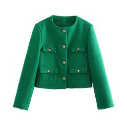 Women's Suits & Blazers YENKYE Women 2021 Fashion Green Tweed Crop Blazer Coat Vintage Pockets Long Sleeve Autumn Winter Outerwear Single Br