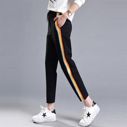 Spring Summer Women Casual Sweatpants Rainbow Striped Printed Side Pant Ladies Loose Trousers Joggers Sweat Pants Plus Size 210522