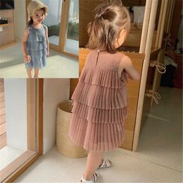 2019 Summer New Sleeveless Cotton Cake Dresses Toddler Baby Ruched Round Neck Pleated Princess Dress Fashion Kids Clothing Q0716