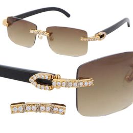 New Model Hand-made 2.6 Carats Diamond Set Rimless Sunglasses Original Black Buffalo Horn Glasses Womans Men Famous UV400 Square Sun Glasses Male and Female 18K Gold