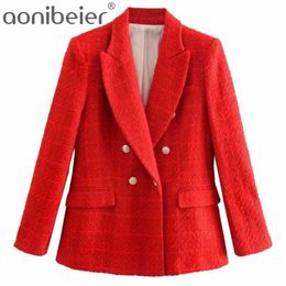 Aonibeier Stylish Elegant Red Double Breasted Tweed Jacket Women Pockets Turn down Collar Coats Female Chic Outerwear 210930