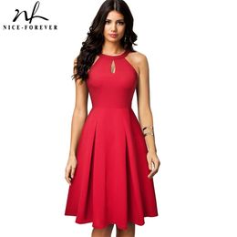 Nice-forever Vintage Casual Pure Colour vestidos with Key hole A-Line Women Flare Dress A195 210331