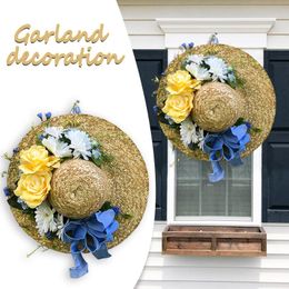 Decorative Flowers & Wreaths Garlands Straw Hat Wreath Front Door Artificial Flower Hanging Ornament For Home Garden Farmhouse Decoration