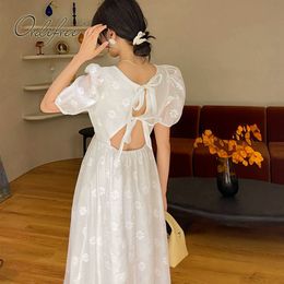 Summer Women White Beach Backless Floral Lace Up Vocation Vintage Sexy Party Dress 210415