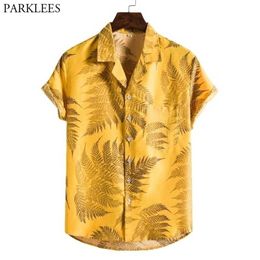 Yellow Mens Hawaiian Beach Shirt Brand Short Sleeve Leaves Fashion Print Tropical Aloha Shirts Holiday Vaction Chemise 210522