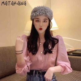 MATAKAWA Chiffon Stitching Pit Stripe Sweater Women Spring Knitted Cardigan Fashion Pocket Long-sleeved Harajuku Sweaters 210513