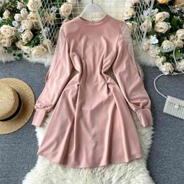 Women's Spring Autumn Dresses Solid Colour Net Yarn Long-sleeved Korean Style Stand-up Collar Bow Short LL501 210506