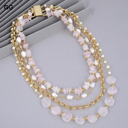 pink pearl roses UK - GuaiGuai Jewelry Natural Cultured White Baroque Pearl Pink Rose Quartzs Colorful CZ Chain Necklace For Women Chains