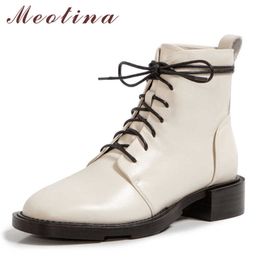 Meotina Natural Genuine Leather Med Heel Ankle Boots Woman Boots Block Heel Short Boots Lace Up Round Toe Female Shoes Autumn 210608