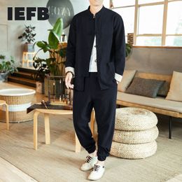 IEFB Men's Causal Chinease Style Tang Suit Sand Collar Long Sleeve Tops + Loose Causal Pants Embroidery Two Pieces Set 9Y6028 210524