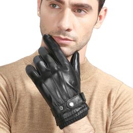 Men's sheepskin gloves autumn and winter warm skiing motorcycle driving touch screen all-finger black gloves high quality H1022