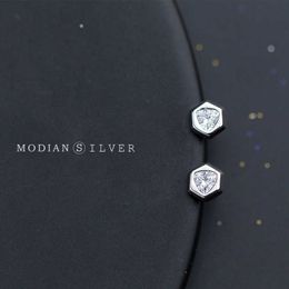 Hexagon Shape Clear CZ Stud Earrings for Women 100% Real 925 Sterling Silver Minimalism Ear Anti-allergy Jewelry Gifts 210707