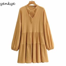 Fashion Women Vintage Solid Colour Casual Dress Female Lace Up V Neck Long Sleeve A-line Short Plus Size Robe Femme 210514