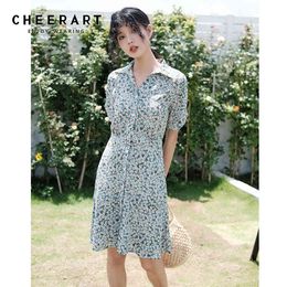 Daisy Dress Women Short Sleeve Collar Button Up Knee Length Floral A Line Summer Shirt Korean Fashion 210427